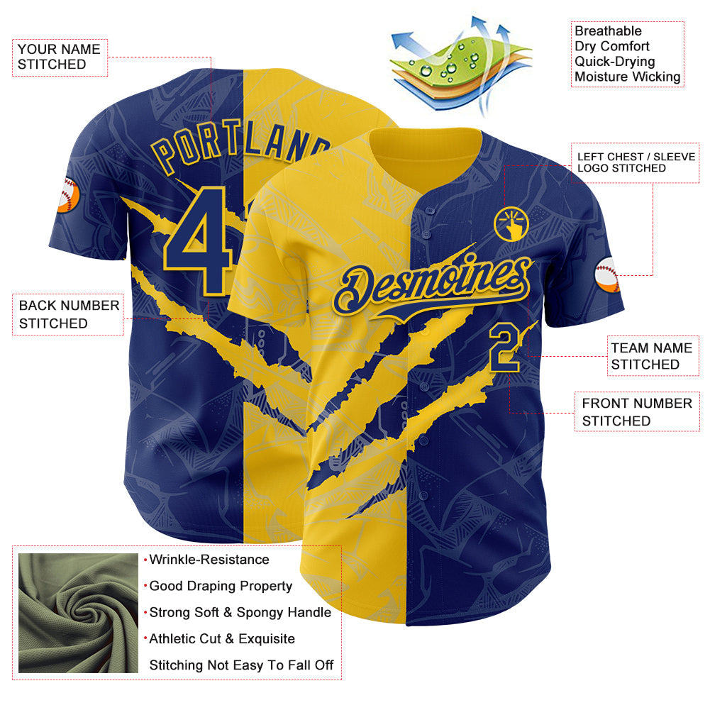 Custom Graffiti Pattern Royal-Yellow 3D Scratch Authentic Baseball Jersey - Sky-Custom