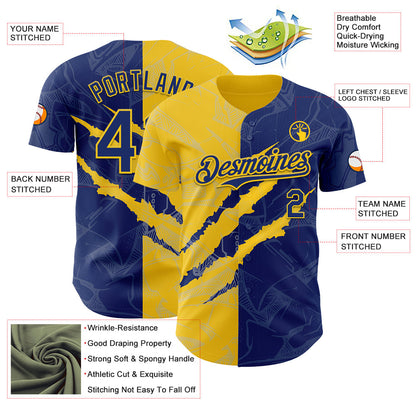 Custom Graffiti Pattern Royal-Yellow 3D Scratch Authentic Baseball Jersey - Sky-Custom