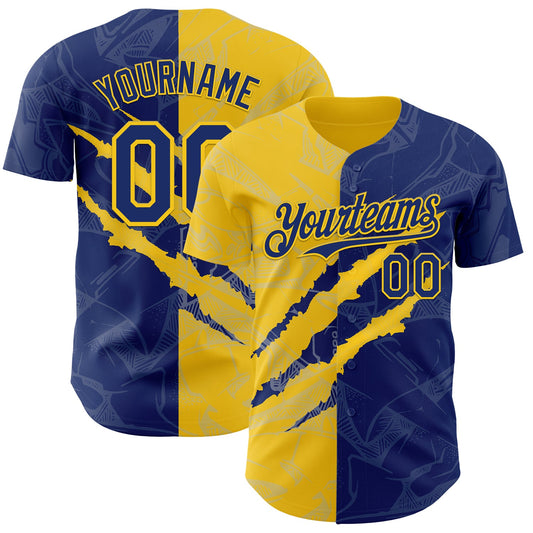 Custom Graffiti Pattern Royal-Yellow 3D Scratch Authentic Baseball Jersey - Sky-Custom