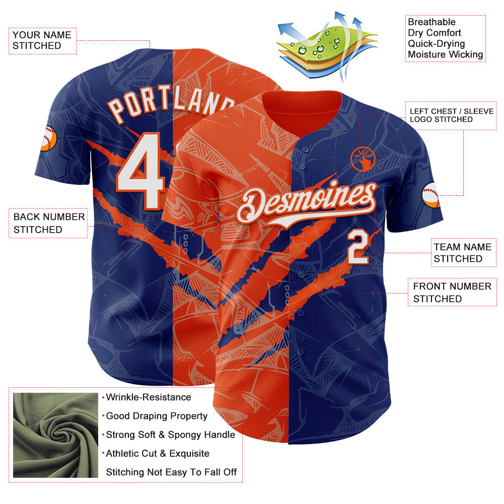 Custom Graffiti Pattern White Royal-Orange 3D Scratch Authentic Baseball Jersey - Sky-Custom