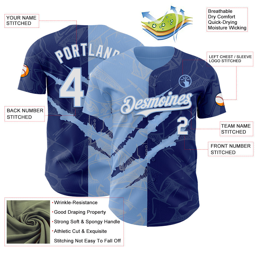 Custom Graffiti Pattern White Royal-Light Blue 3D Scratch Authentic Baseball Jersey - Sky-Custom