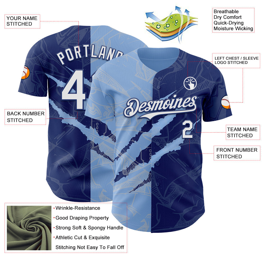 Custom Graffiti Pattern White Royal-Light Blue 3D Scratch Authentic Baseball Jersey - Sky-Custom