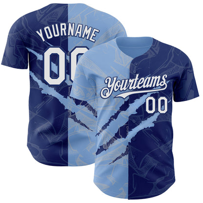 Custom Graffiti Pattern White Royal-Light Blue 3D Scratch Authentic Baseball Jersey - Sky-Custom