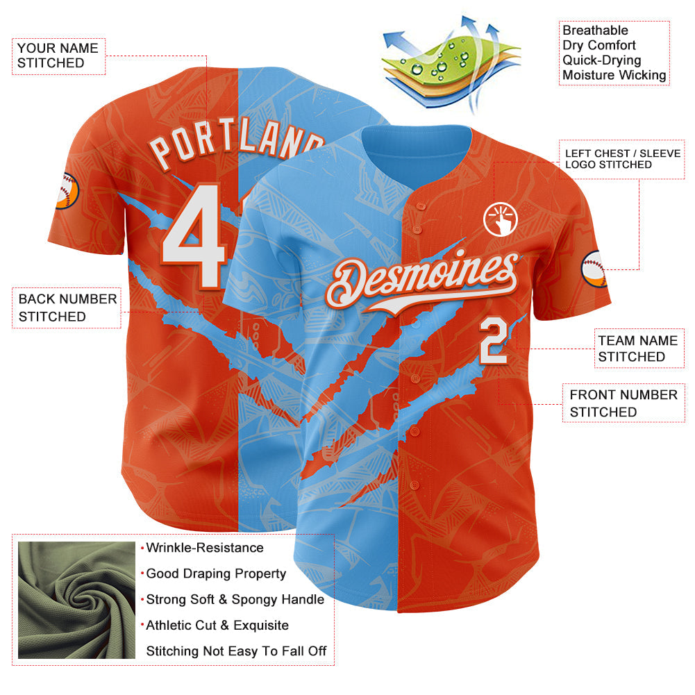 Custom Graffiti Pattern White Orange-Sky Blue 3D Scratch Authentic Baseball Jersey - Sky-Custom
