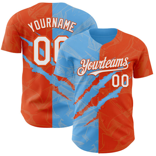 Custom Graffiti Pattern White Orange-Sky Blue 3D Scratch Authentic Baseball Jersey - Sky-Custom