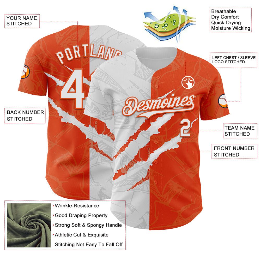 Custom Graffiti Pattern White-Orange 3D Scratch Authentic Baseball Jersey - Sky-Custom