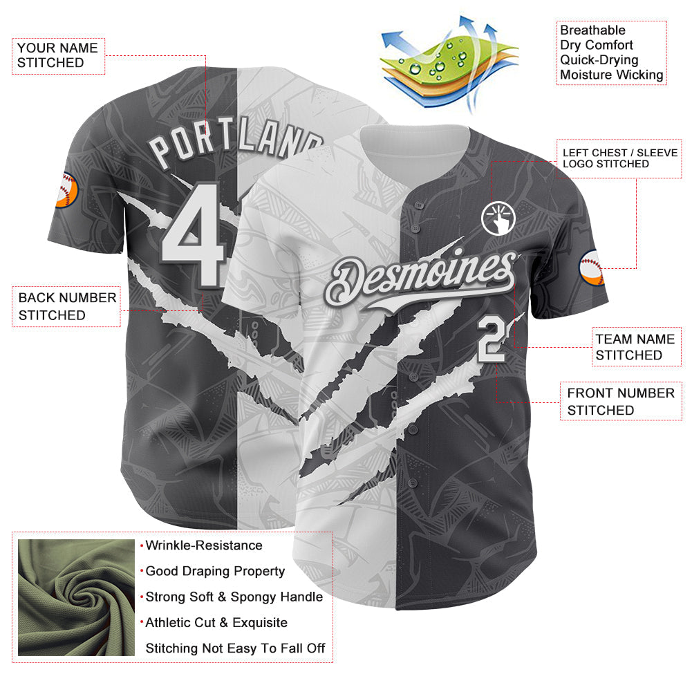 Custom Graffiti Pattern White-Steel Gray 3D Scratch Authentic Baseball Jersey - Sky-Custom