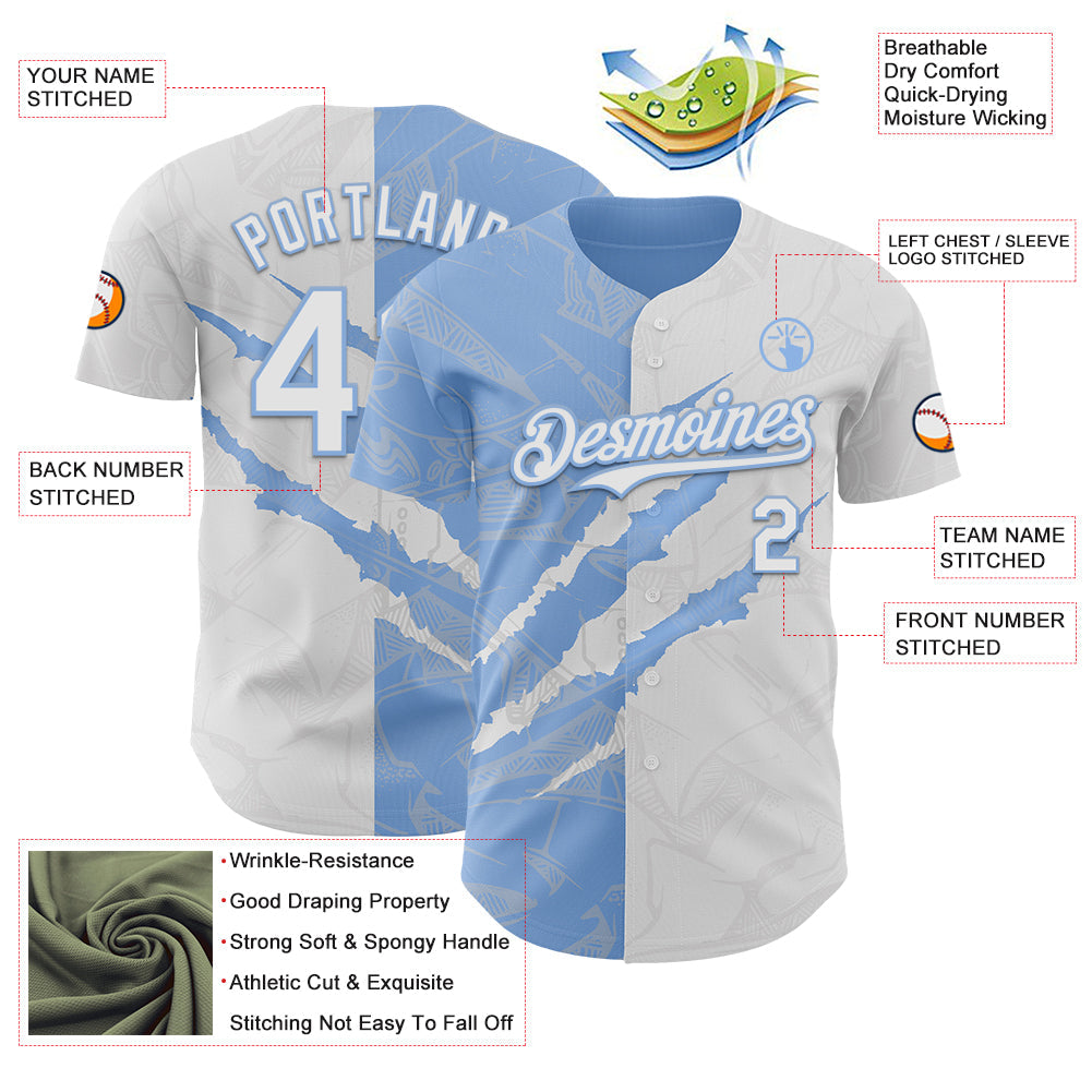 Custom Graffiti Pattern White-Light Blue 3D Scratch Authentic Baseball Jersey - Sky-Custom