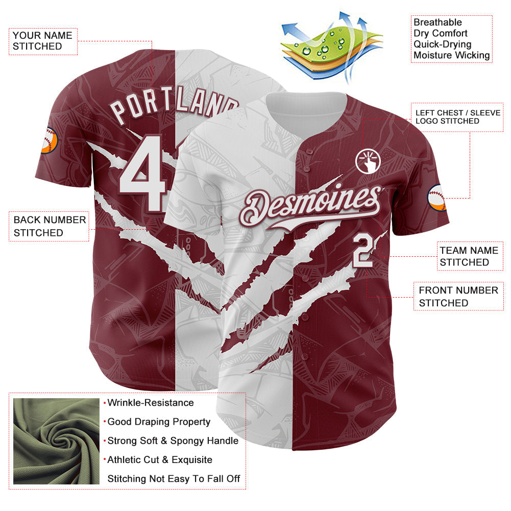 Custom Graffiti Pattern White-Burgundy 3D Scratch Authentic Baseball Jersey - Sky-Custom