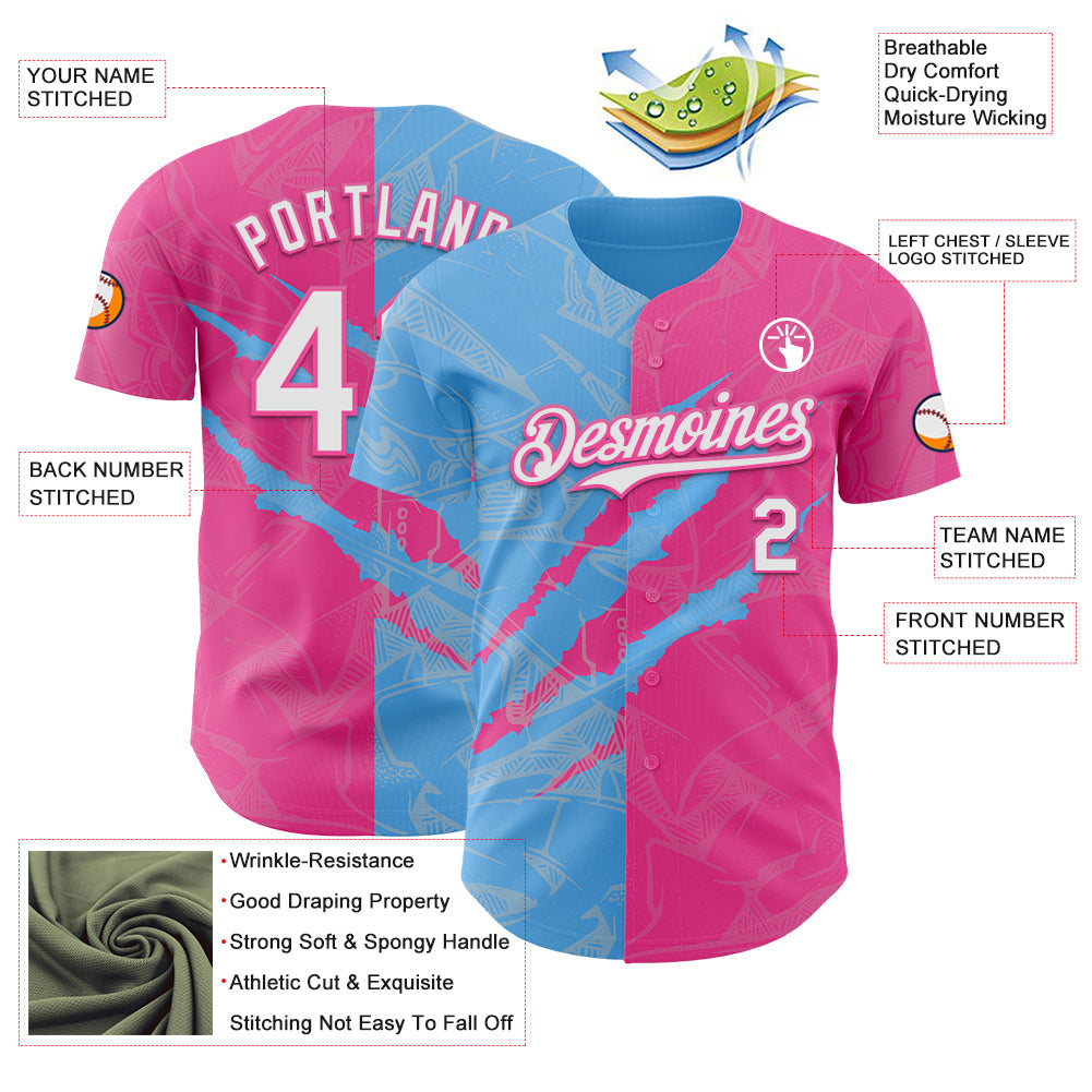 Custom Graffiti Pattern White Pink-Sky Blue 3D Scratch Authentic Baseball Jersey - Sky-Custom