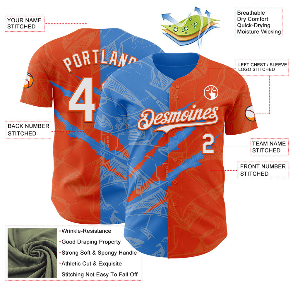 Custom Graffiti Pattern White Orange-Electric Blue 3D Scratch Authentic Baseball Jersey - Sky-Custom