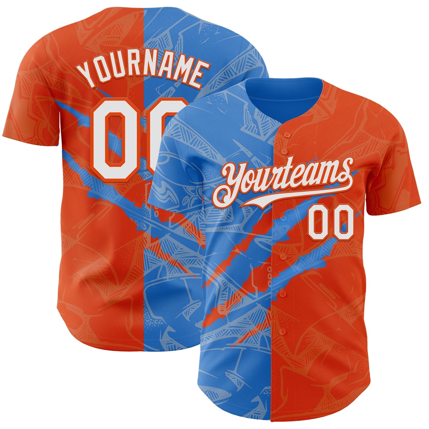 Custom Graffiti Pattern White Orange-Electric Blue 3D Scratch Authentic Baseball Jersey - Sky-Custom