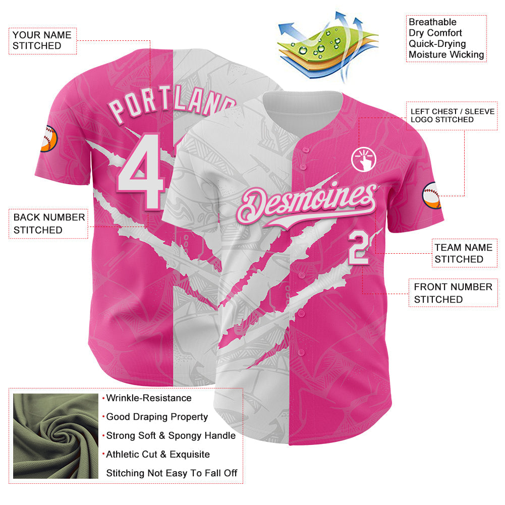 Custom Graffiti Pattern White-Pink 3D Scratch Authentic Baseball Jersey - Sky-Custom