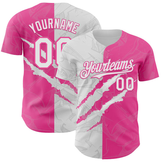Custom Graffiti Pattern White-Pink 3D Scratch Authentic Baseball Jersey - Sky-Custom