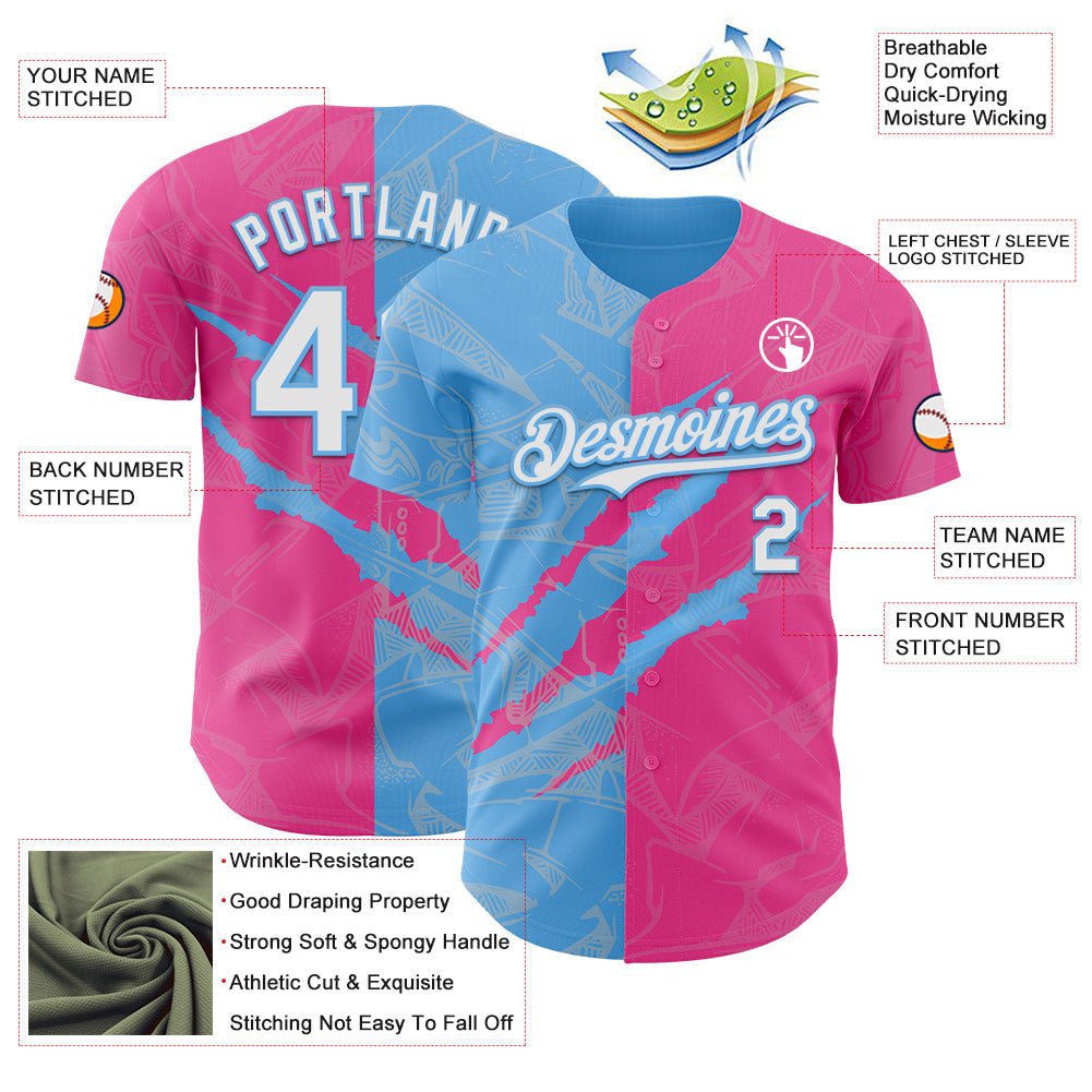 Custom Graffiti Pattern White Pink-Sky Blue 3D Scratch Authentic Baseball Jersey - Sky-Custom
