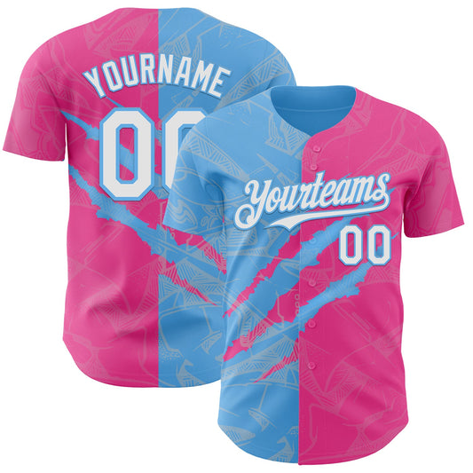 Custom Graffiti Pattern White Pink-Sky Blue 3D Scratch Authentic Baseball Jersey - Sky-Custom