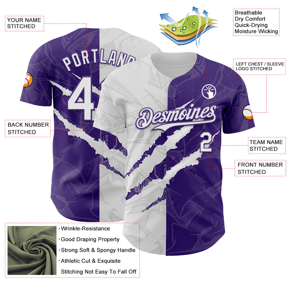 Custom Graffiti Pattern White-Purple 3D Scratch Authentic Baseball Jersey - Sky-Custom