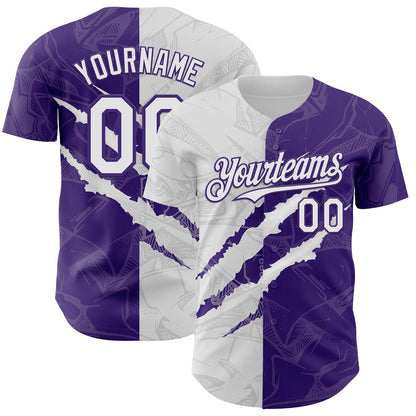 Custom Graffiti Pattern White-Purple 3D Scratch Authentic Baseball Jersey - Sky-Custom