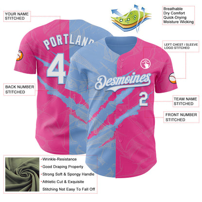 Custom Graffiti Pattern White Pink-Light Blue 3D Scratch Authentic Baseball Jersey - Sky-Custom
