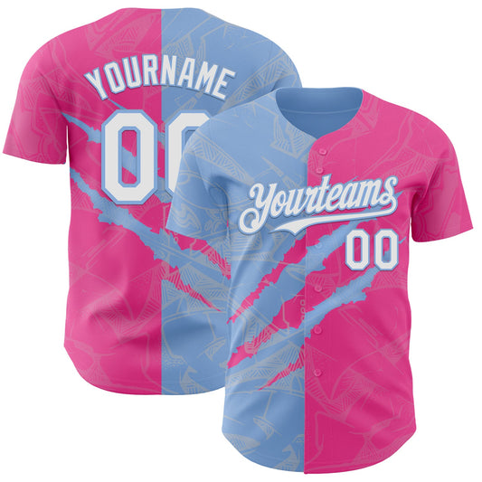 Custom Graffiti Pattern White Pink-Light Blue 3D Scratch Authentic Baseball Jersey - Sky-Custom