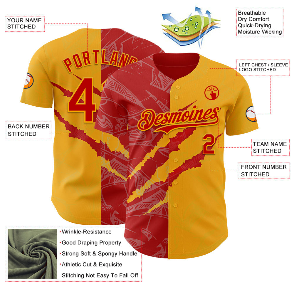 Custom Graffiti Pattern Red-Gold 3D Scratch Authentic Baseball Jersey - Sky-Custom