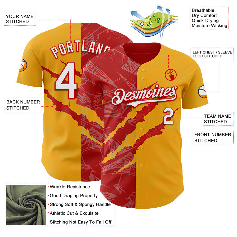 Custom Graffiti Pattern White Gold-Red 3D Scratch Authentic Baseball Jersey - Sky-Custom