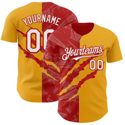 Custom Graffiti Pattern White Gold-Red 3D Scratch Authentic Baseball Jersey - Sky-Custom