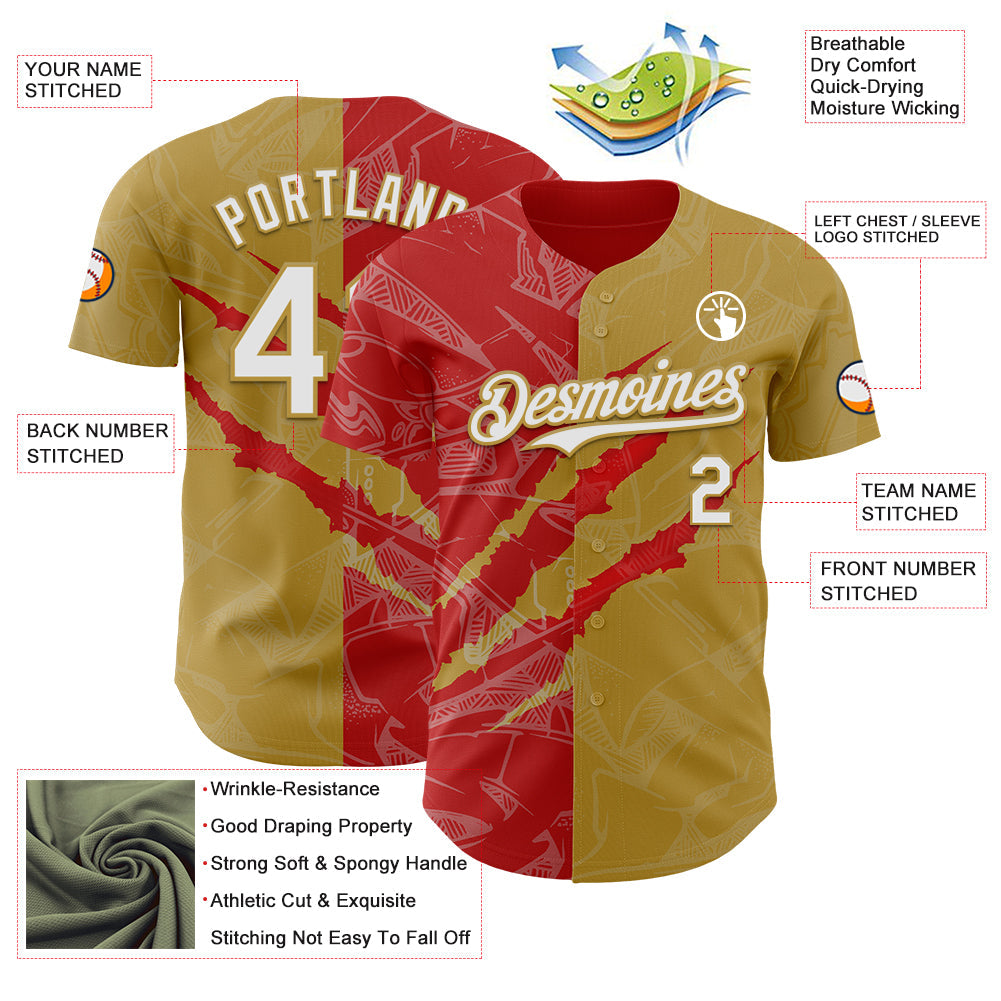 Custom Graffiti Pattern White Old Gold-Red 3D Scratch Authentic Baseball Jersey - Sky-Custom