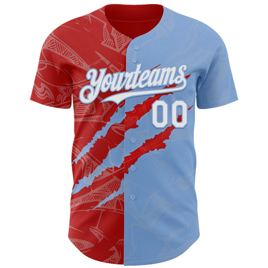 Custom Graffiti Pattern White Light Blue-Red 3D Scratch Authentic Baseball Jersey - Sky-Custom