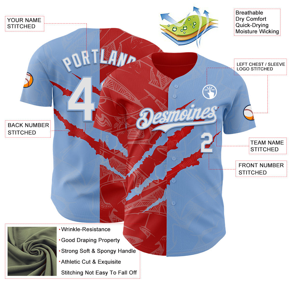 Custom Graffiti Pattern White Light Blue-Red 3D Scratch Authentic Baseball Jersey - Sky-Custom