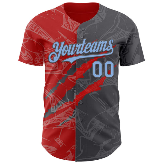 Custom Graffiti Pattern Light Blue Steel Gray-Red 3D Scratch Authentic Baseball Jersey - Sky-Custom