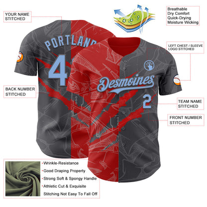 Custom Graffiti Pattern Light Blue Steel Gray-Red 3D Scratch Authentic Baseball Jersey - Sky-Custom