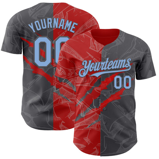 Custom Graffiti Pattern Light Blue Steel Gray-Red 3D Scratch Authentic Baseball Jersey - Sky-Custom