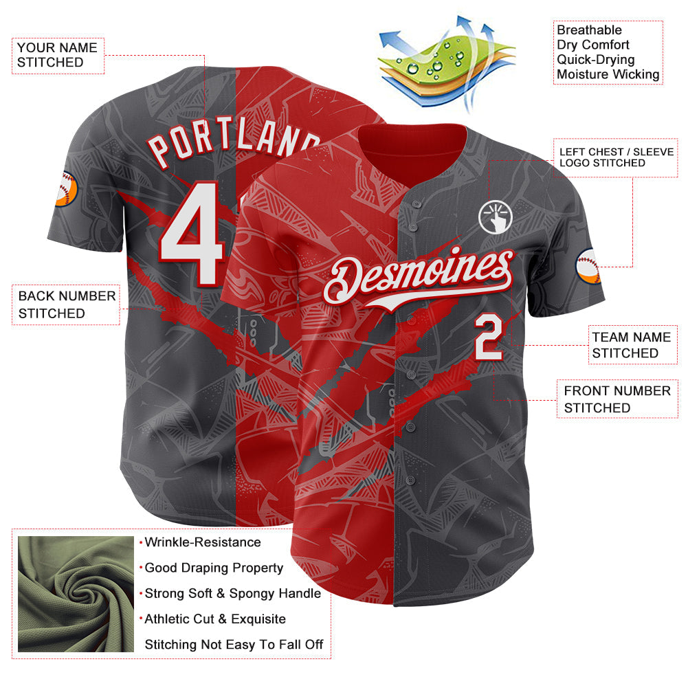 Custom Graffiti Pattern White Steel Gray-Red 3D Scratch Authentic Baseball Jersey - Sky-Custom