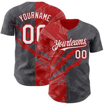 Custom Graffiti Pattern White Steel Gray-Red 3D Scratch Authentic Baseball Jersey - Sky-Custom