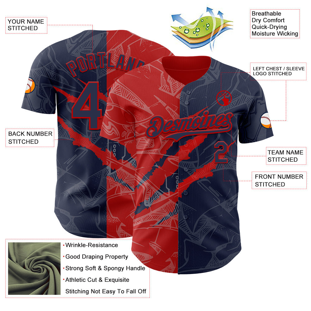 Custom Graffiti Pattern Navy-Red 3D Scratch Authentic Baseball Jersey - Sky-Custom