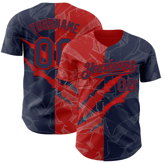 Custom Graffiti Pattern Navy-Red 3D Scratch Authentic Baseball Jersey - Sky-Custom