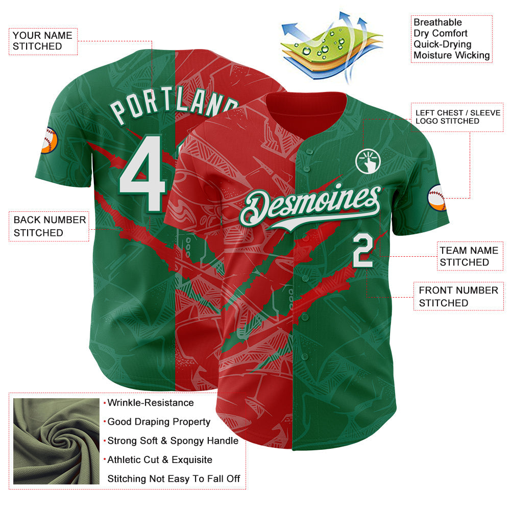 Custom Graffiti Pattern White Kelly Green-Red 3D Scratch Authentic Baseball Jersey - Sky-Custom