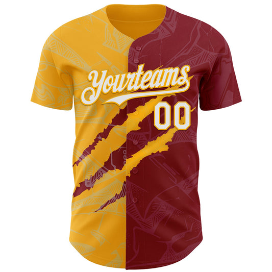 Custom Graffiti Pattern White Crimson-Gold 3D Scratch Authentic Baseball Jersey - Sky-Custom