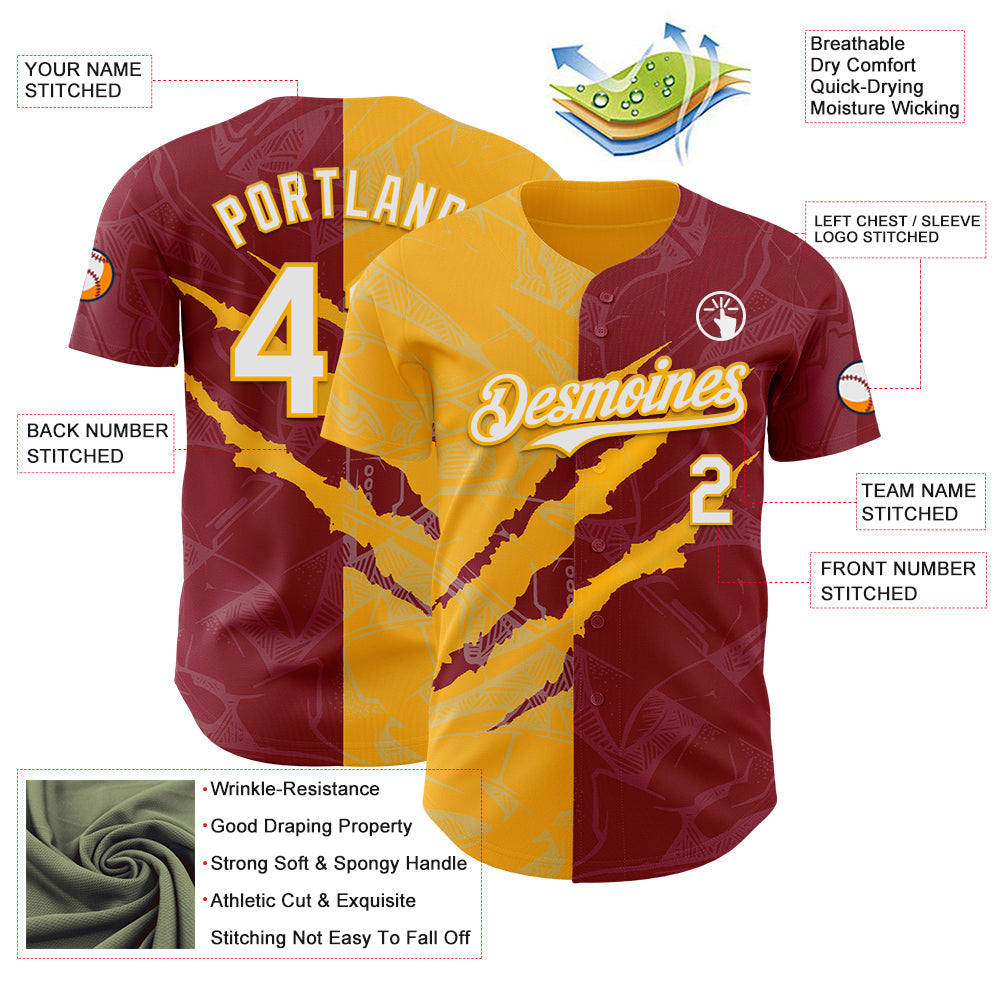Custom Graffiti Pattern White Crimson-Gold 3D Scratch Authentic Baseball Jersey - Sky-Custom