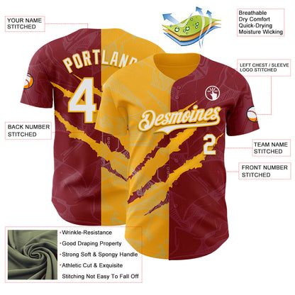 Custom Graffiti Pattern White Crimson-Gold 3D Scratch Authentic Baseball Jersey - Sky-Custom