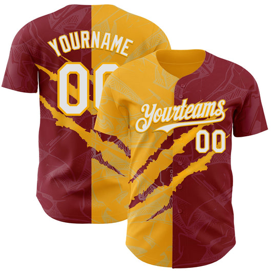 Custom Graffiti Pattern White Crimson-Gold 3D Scratch Authentic Baseball Jersey - Sky-Custom