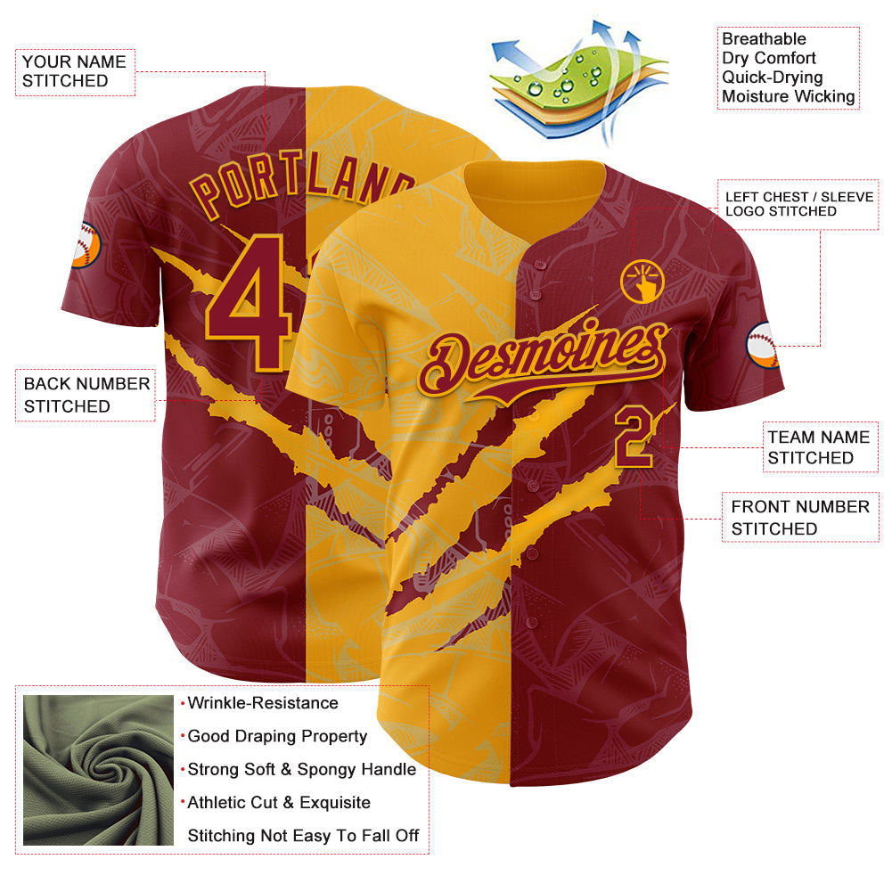 Custom Graffiti Pattern Crimson-Gold 3D Scratch Authentic Baseball Jersey - Sky-Custom