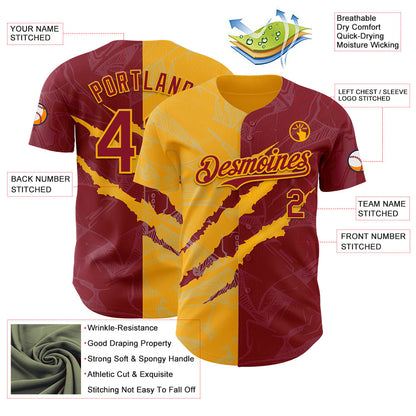 Custom Graffiti Pattern Crimson-Gold 3D Scratch Authentic Baseball Jersey - Sky-Custom