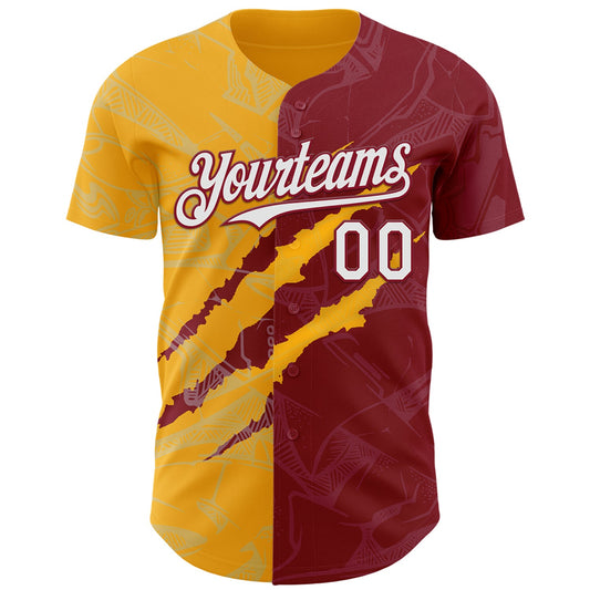 Custom Graffiti Pattern White Crimson-Gold 3D Scratch Authentic Baseball Jersey - Sky-Custom