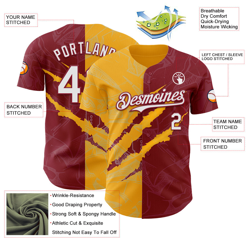 Custom Graffiti Pattern White Crimson-Gold 3D Scratch Authentic Baseball Jersey - Sky-Custom