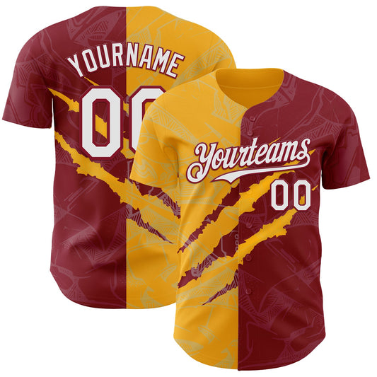 Custom Graffiti Pattern White Crimson-Gold 3D Scratch Authentic Baseball Jersey - Sky-Custom