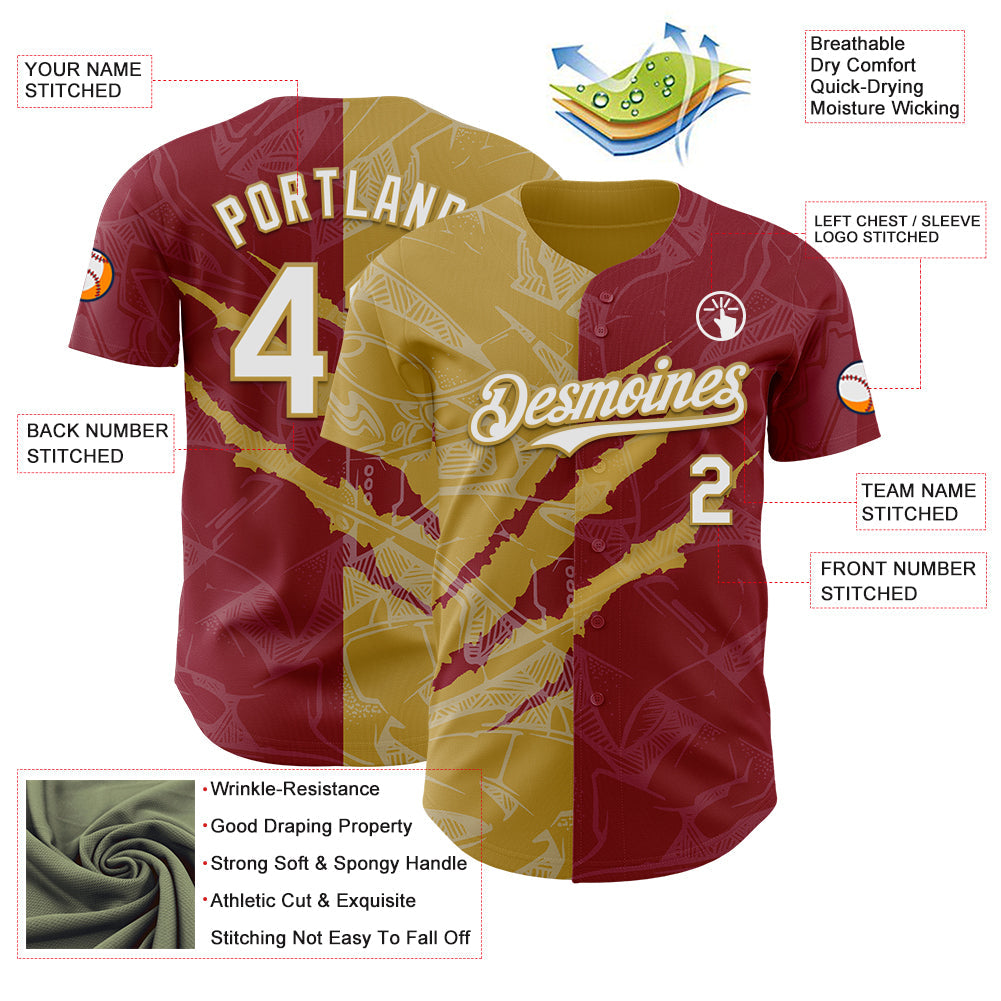 Custom Graffiti Pattern White Crimson-Old Gold 3D Scratch Authentic Baseball Jersey - Sky-Custom