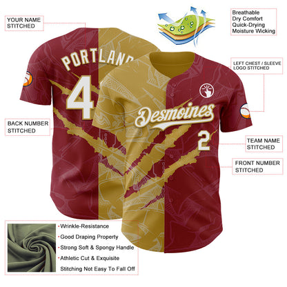 Custom Graffiti Pattern White Crimson-Old Gold 3D Scratch Authentic Baseball Jersey - Sky-Custom