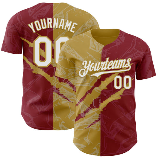 Custom Graffiti Pattern White Crimson-Old Gold 3D Scratch Authentic Baseball Jersey - Sky-Custom